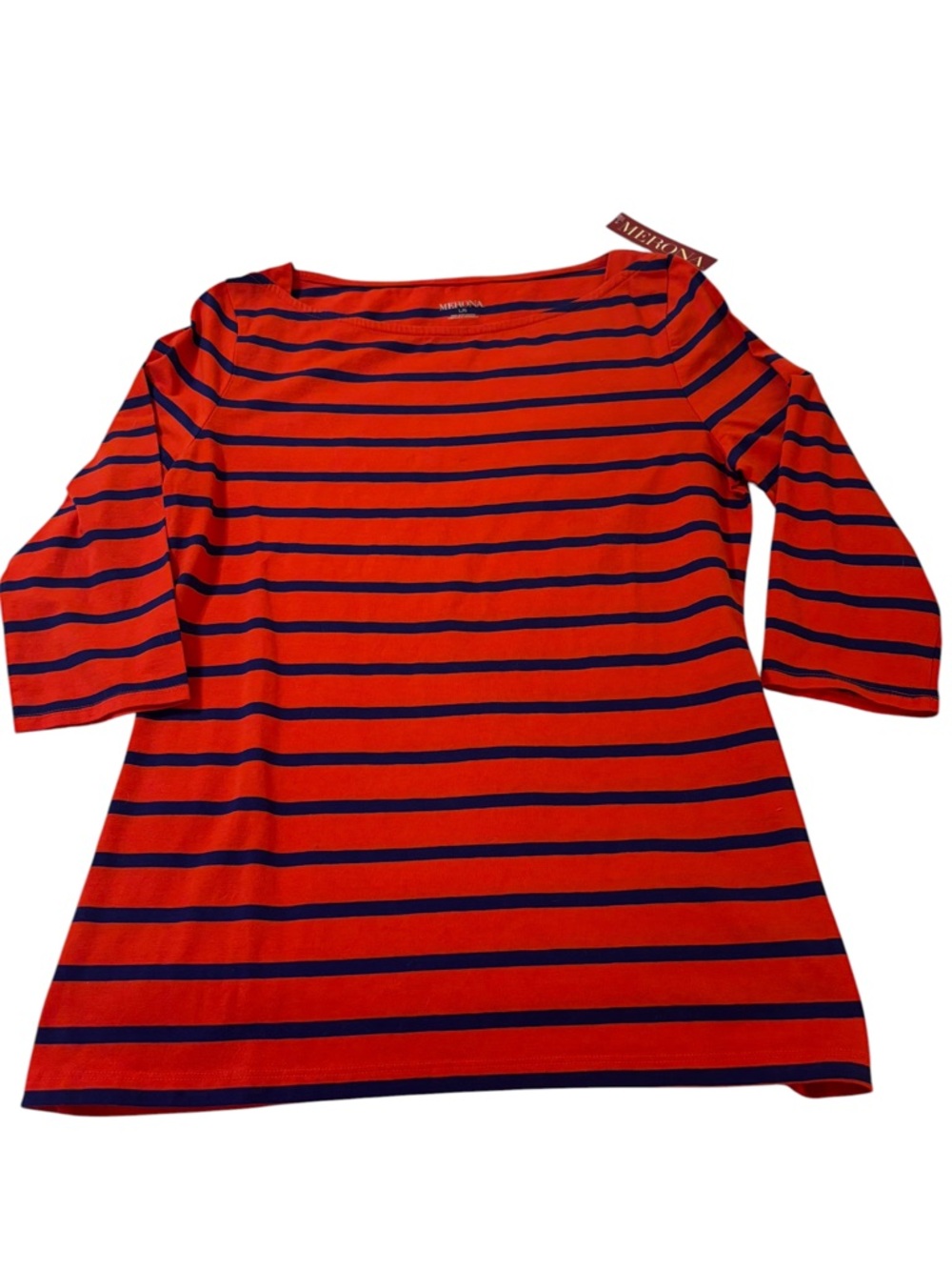Merona Women’s Large Red Blue Striped Top NWT 3/4 Sleeve Stretch Casual Tee